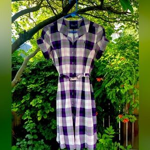Fred Perry belted purple plaid button down dress, size 8